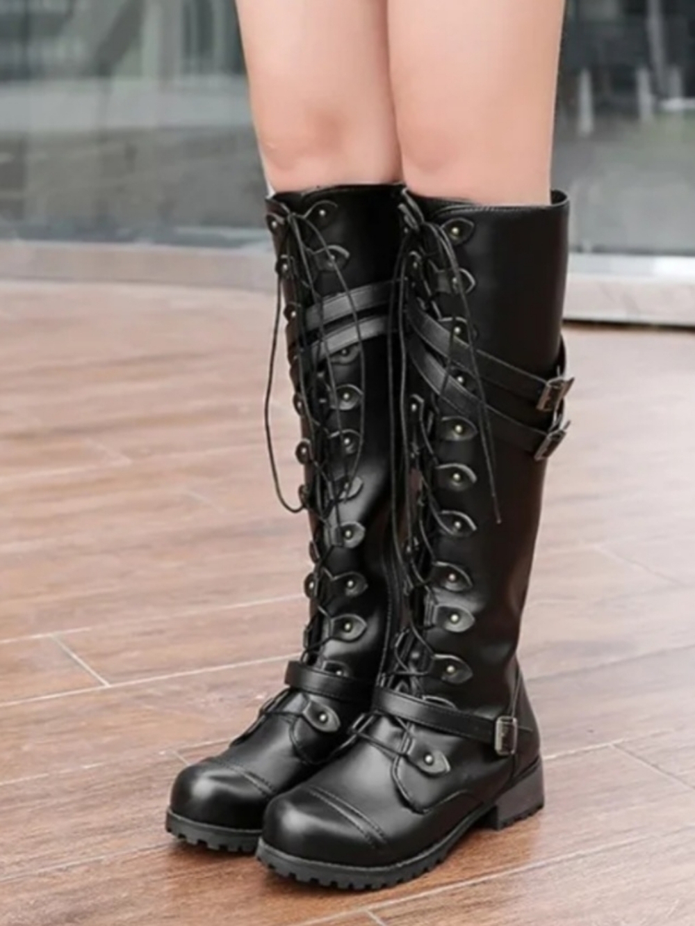 Black Lace-Up Knee High Combat Boots -